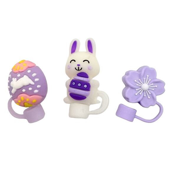 Easter Bunny Egg Blossom Silicone Straw Topper Covers Set of 3 Stocking Stuffers - Picture 1 of 3